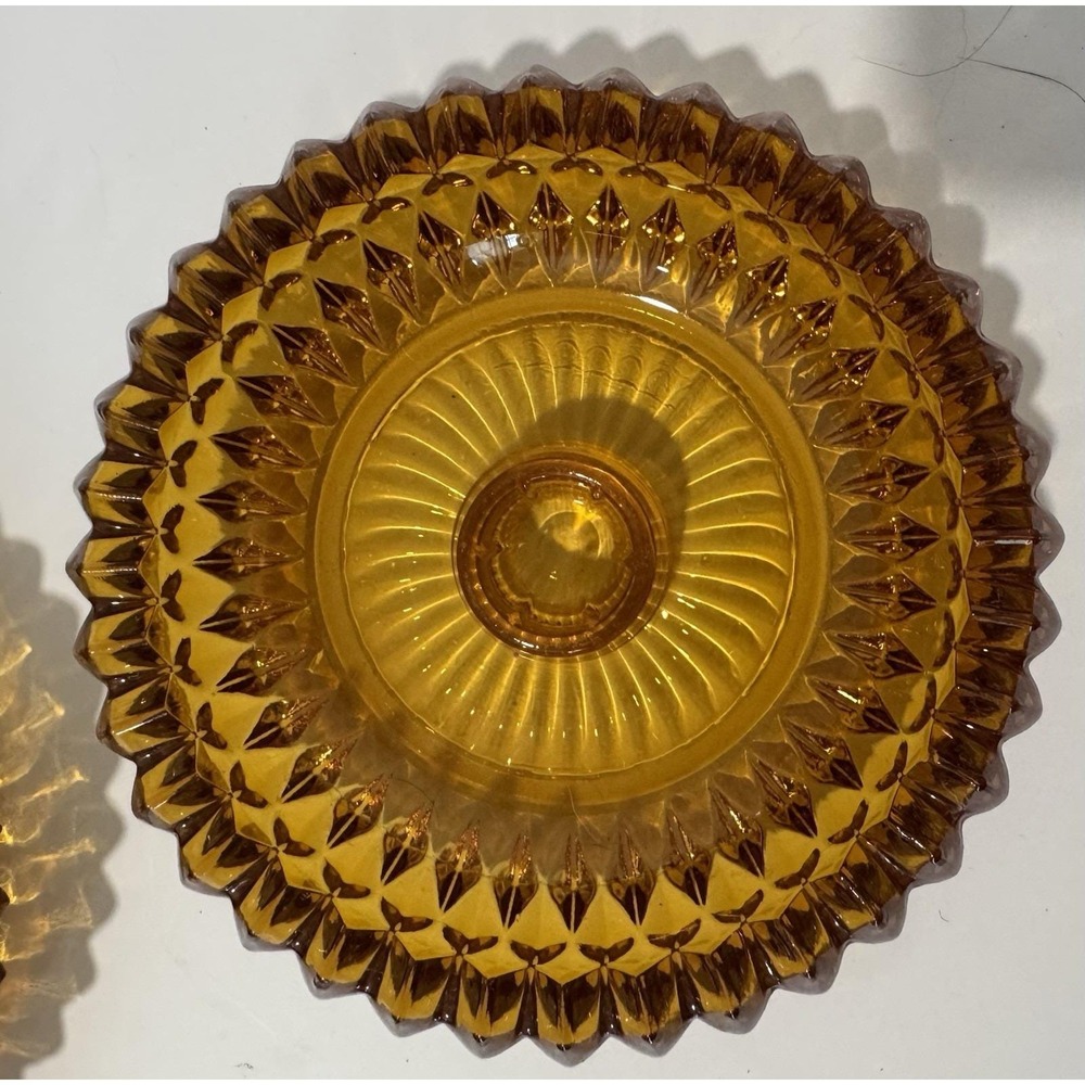 Vintage Indiana Glass Candle Holder Diamond Point Amber Pair (2) 70s Vibe